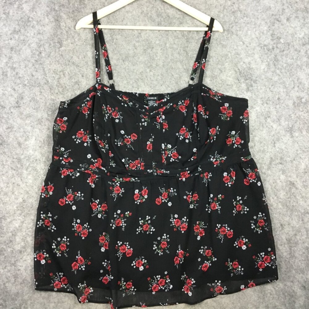 Torrid Cami 4 4X Black Red Floral Smocked Back Bustier Pinup Style Crinkle Lined